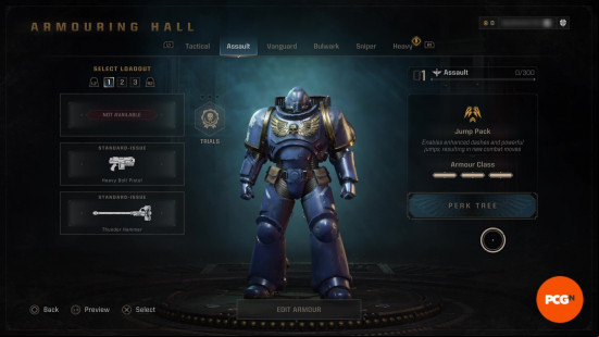 Space Marine 2 weapons: An Assault Space Marine standing in the loadout screen.