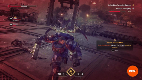 Space Marine 2 weapons: Titus being attacked by a large Tyranid and retaliating with a Chain Sword strike.