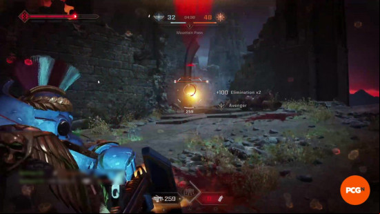 Space Marine 2 weapons: A player scoring a double elimination and firing at a third player using the Heavy Bolter in Eternal War.