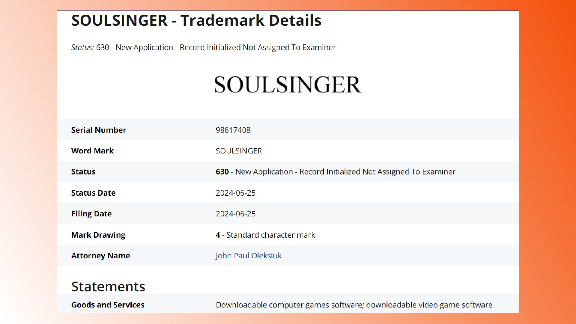 Star Citizen Soulsinger: A trademark filing from Star Citizen developer Cloud Imperium