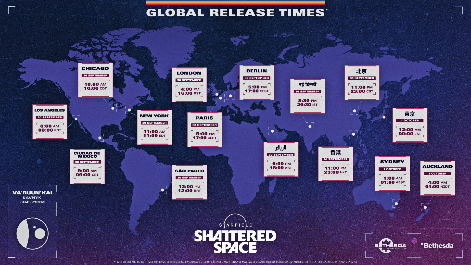 An infographic depicting the Starfield Shattered Space global launch times on the release date.