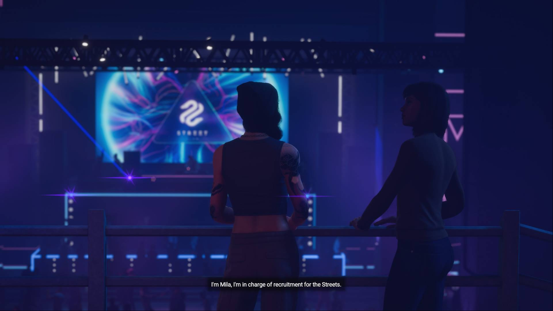 Mila, the leader of the Streets clan, introducing herself in a nightclub.