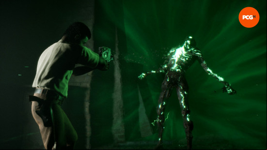 The Casting of Frank Stone review: A man points an 8mm camera at a skeletal figure, which bursts into green beams of light.