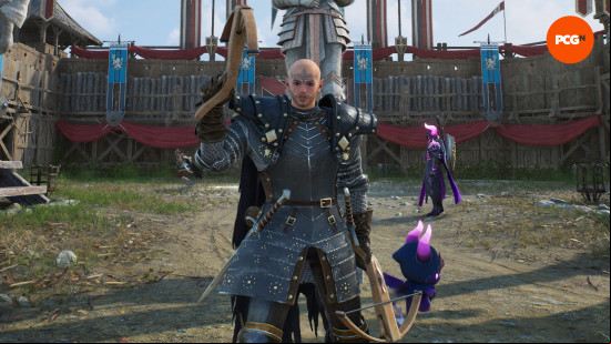 Throne and Liberty best weapon combos: a bald soldier holding a pair of crossbows