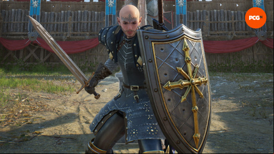 Throne and Liberty best weapon combos: a bald soldier holding a sword and shield with a greatsword on their back