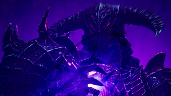 Throne and Liberty release date: A large, armored, demonic enemy looms in the darkness, a bright purple light illuminating him from behind.
