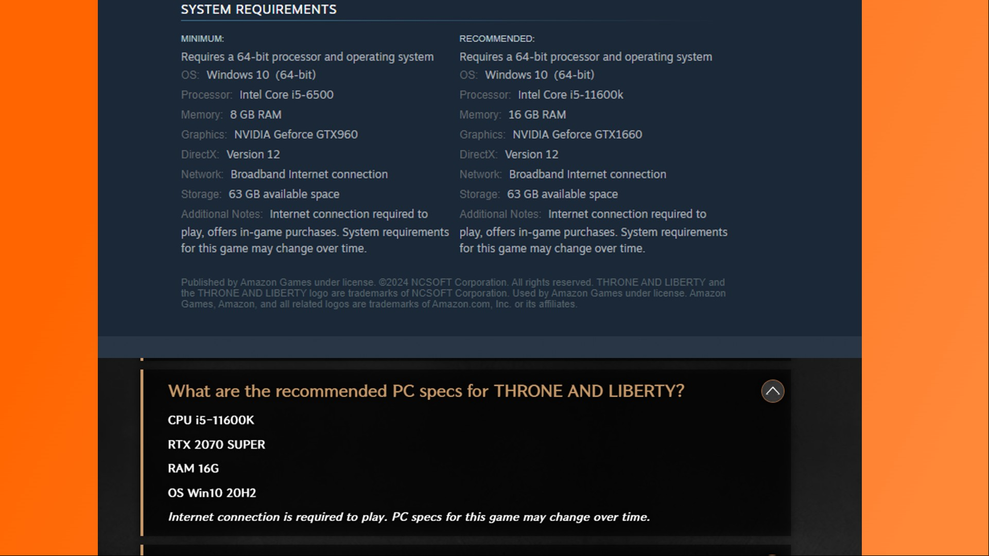 The throne and liberty recommended system requirements as listed on Steam and the website,