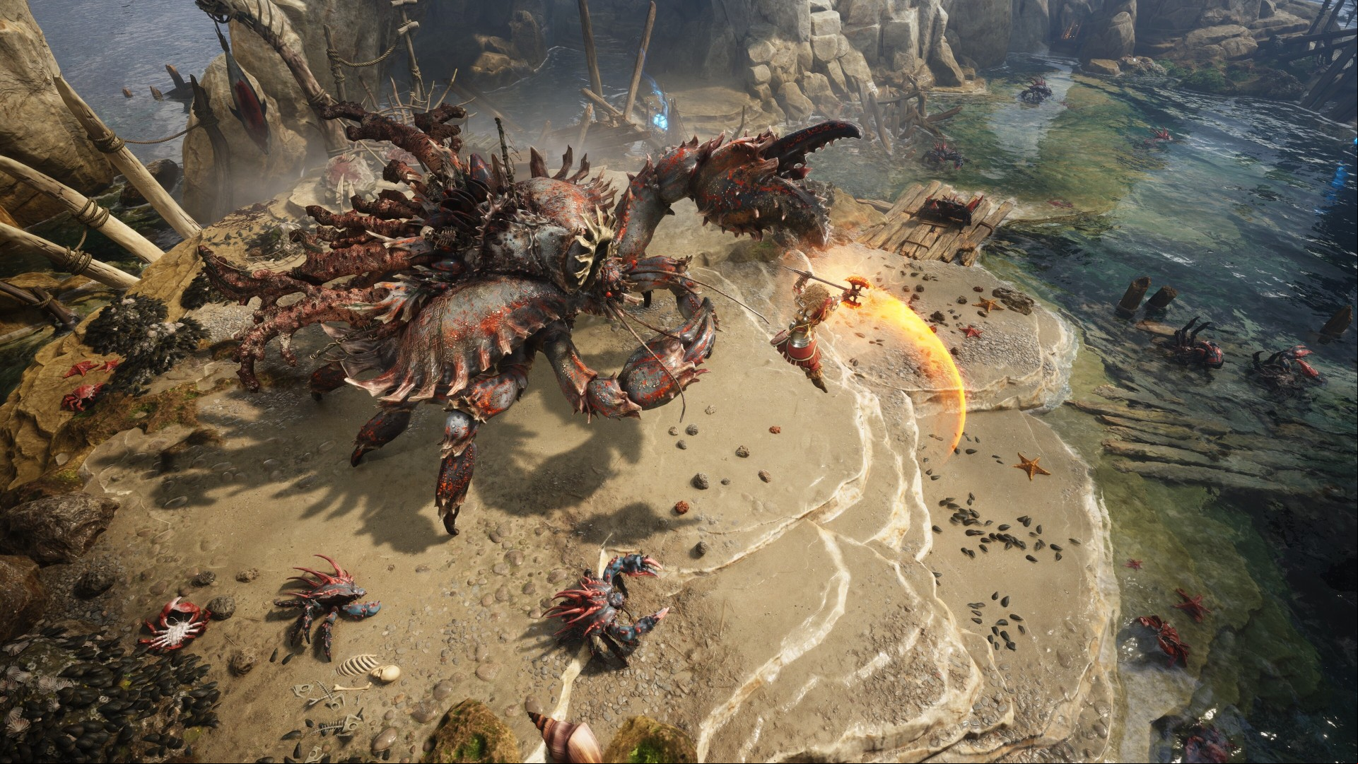 A battle against a giant crab in Titan Quest 2.