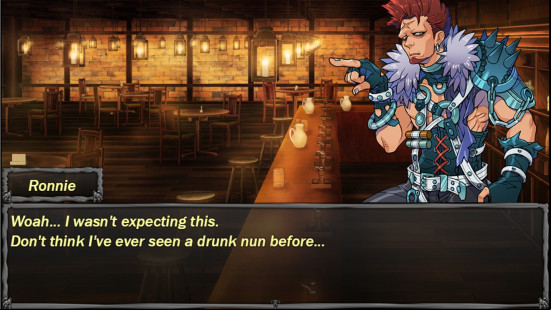 Ronnie, the red-haired protagonist of Work of Art, one of the best visual novels, stands in a bar and says "Woah, I wasn't expecting this. Don't think I've ever seen a drunk nun before."