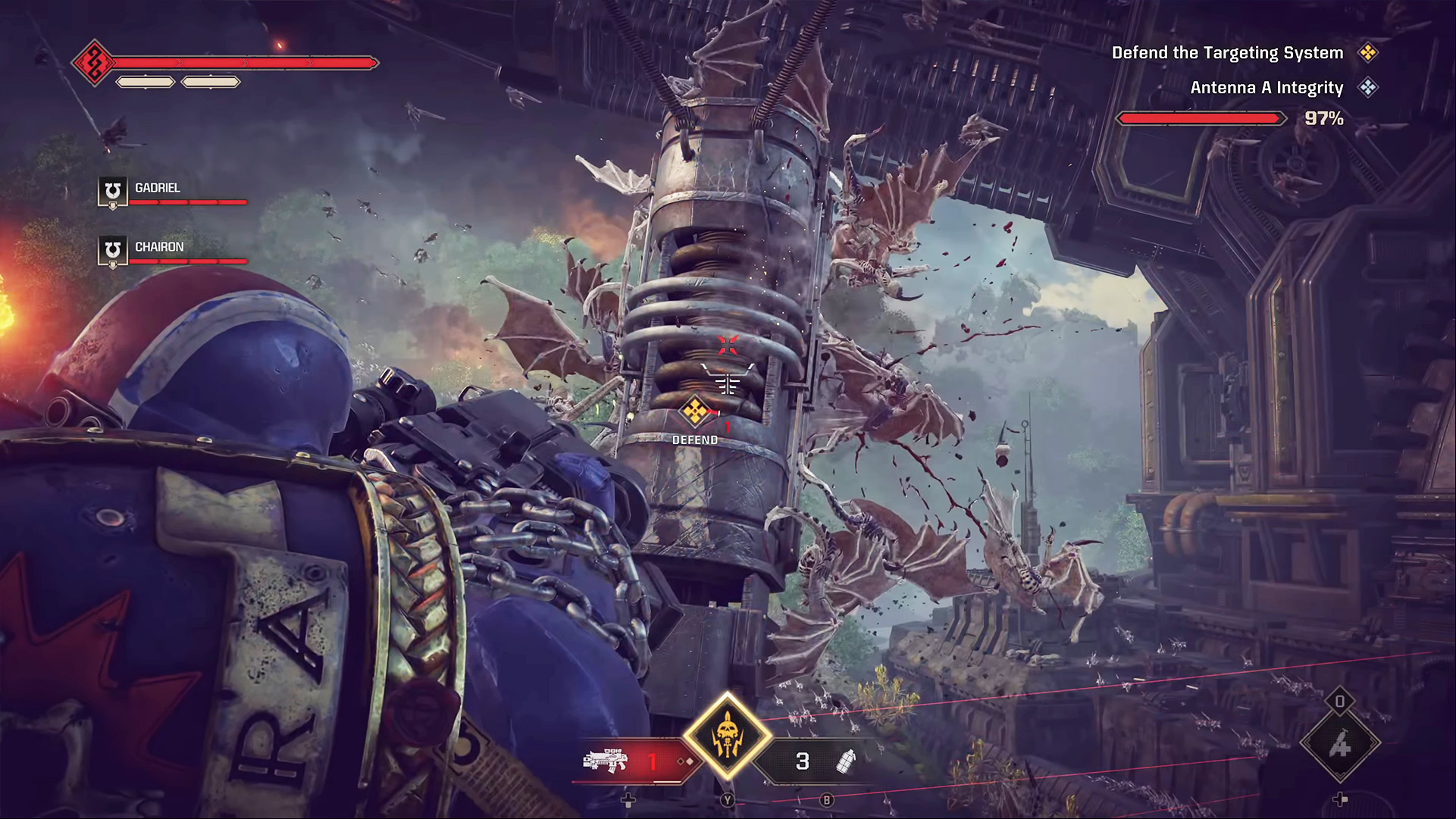 Space Marine 2 defend antenna: aiming at an antenna covered in gargoyles