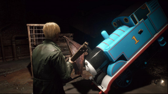 A blue and red train in a pyramid helmet attacks a blonde-haired man
