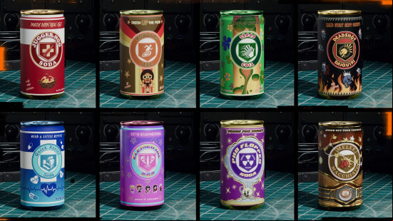 Eight colorful Perk-A-Cola cans from Black Ops 6 Zombies mode.