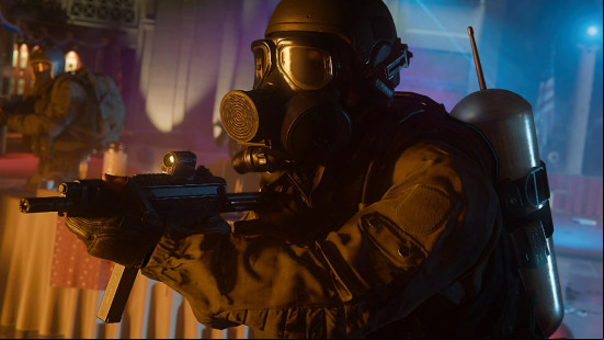 Soldier in a gas mask and holding an SMG in Call of Duty Black Ops 6 campaign