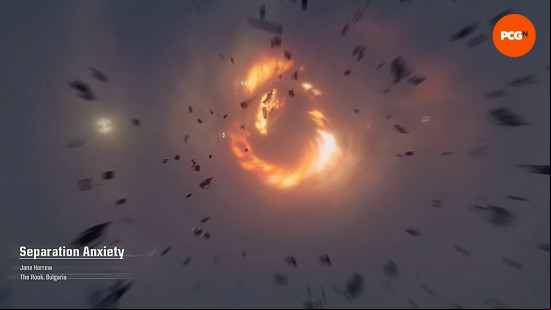 A fiery swirl and falling debris above Jane Harrow's head in one of the later Black Ops 6 missions.