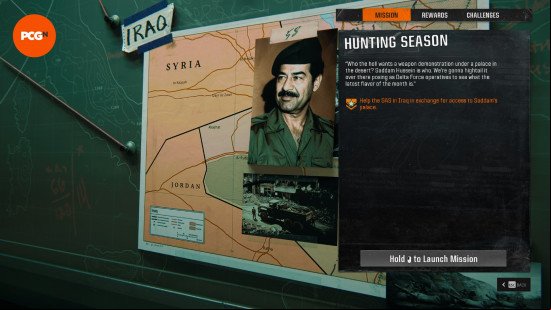 The Black Ops 6 mission board shows the details of the Hunting Season campaign mission.