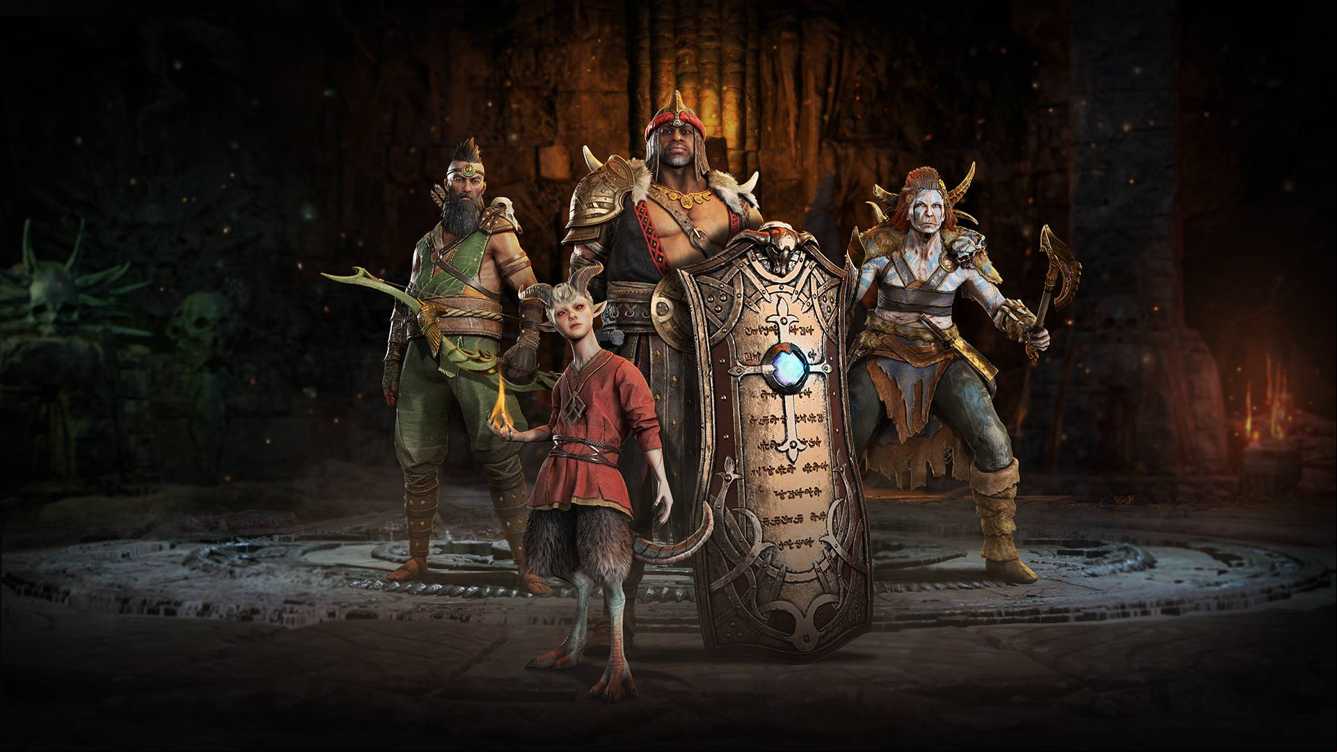 An image of four Diablo 4 characters standing togeher in a dark area around a huge shield