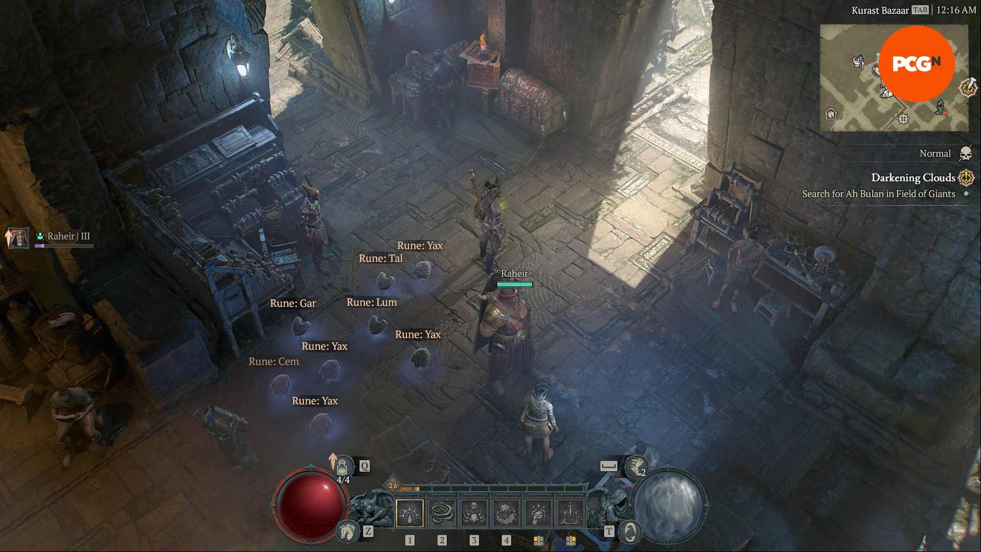 A Diablo 4 Spiritborn character stands surrounded by runes for creating Runewords in a tavern area
