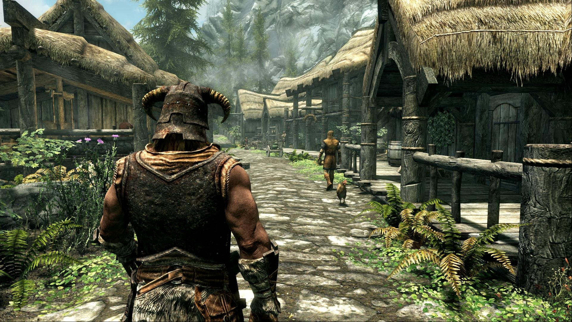 Elder Scrolls 6 and Baldur's Gate 3: A warrior walking through a town in Bethesda RPG Skyrim