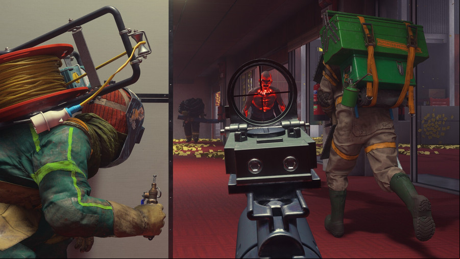 FBC Firebreak: A first-person view of someone aiming down the sights of a gun targeting a glowing red and black creature