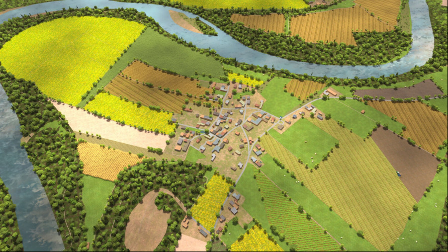 Global Farmer: A top down view of farmland bordered by a river