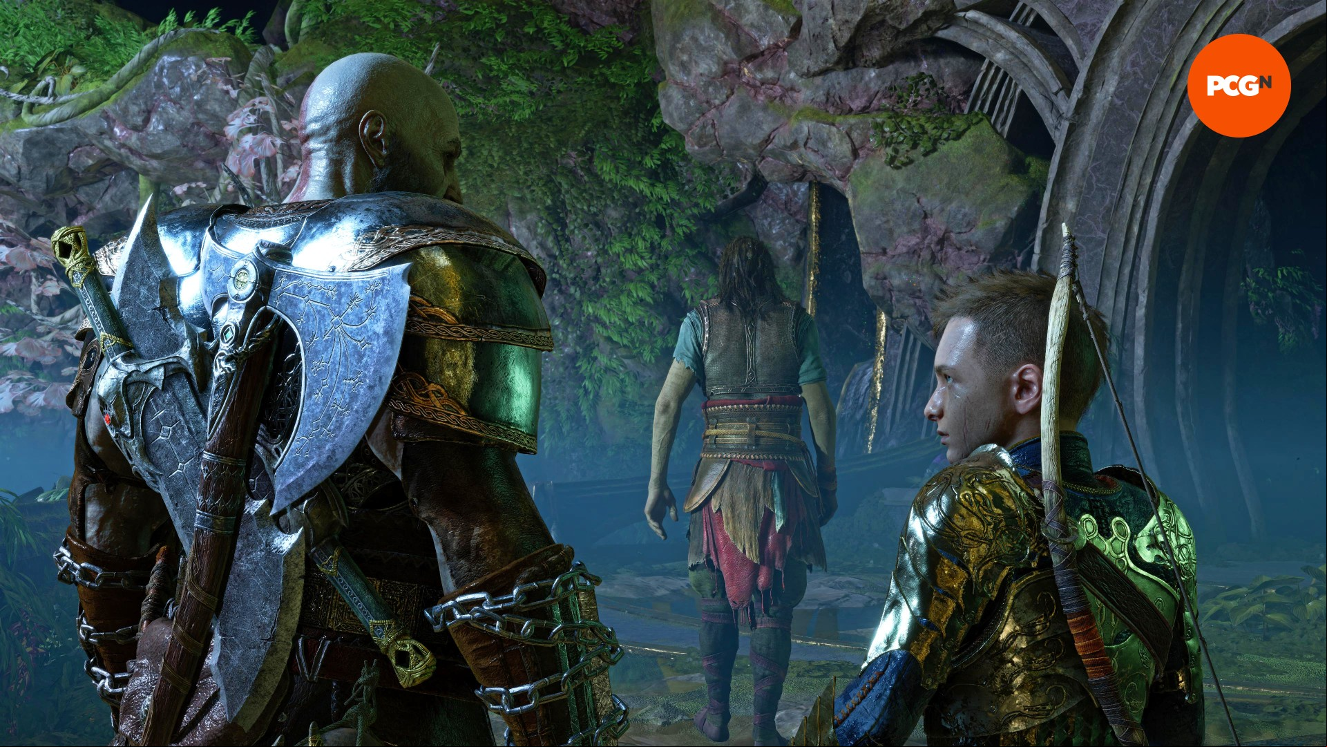 God of War Ragnarok PC impressions: Kratos and Atreus glance at one another, perturbed as Tyr walks away from them.