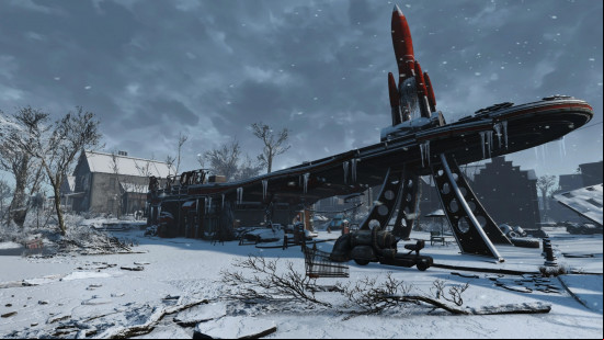 Best Fallout 4 mods: an old, run down rest stop, covered in snow, with icicles dangling from the edges of the building.
