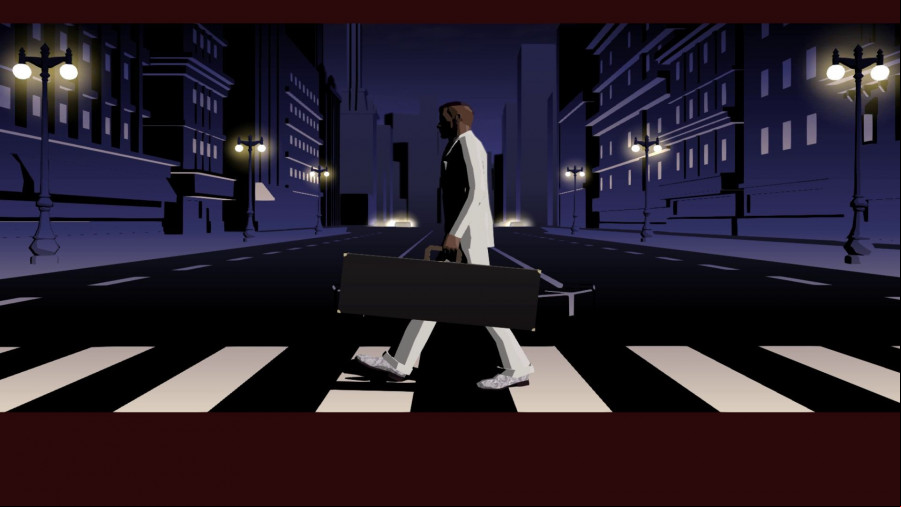 A character with a suspiciously large briefcase walks across a crosswalk.