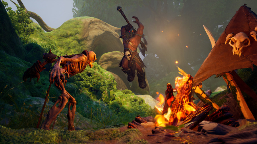 Legacy Steel and Sorcery: A Barbarian character swings an axe down on a skeleton next to a campfire