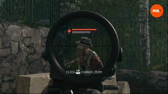 A player looks down their sights at the Groundskeeper, a special zombie, and part of the Black Ops 6 Liberty Falls main quest.