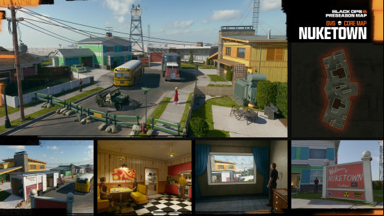 Various shots of the original Nuketown map as it returns in Black Ops 6.