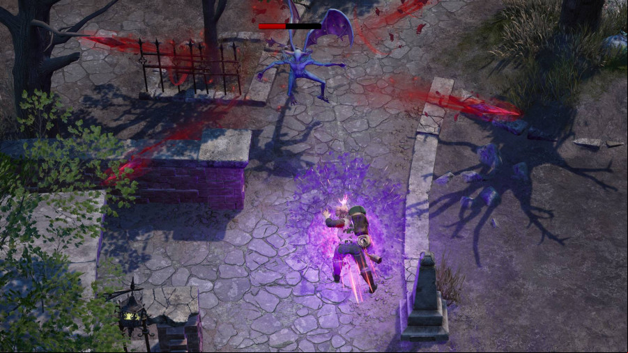 RailGods of Hysterra: A character surrounded by glowing purple magic fights a winged demon in a graveyard setting