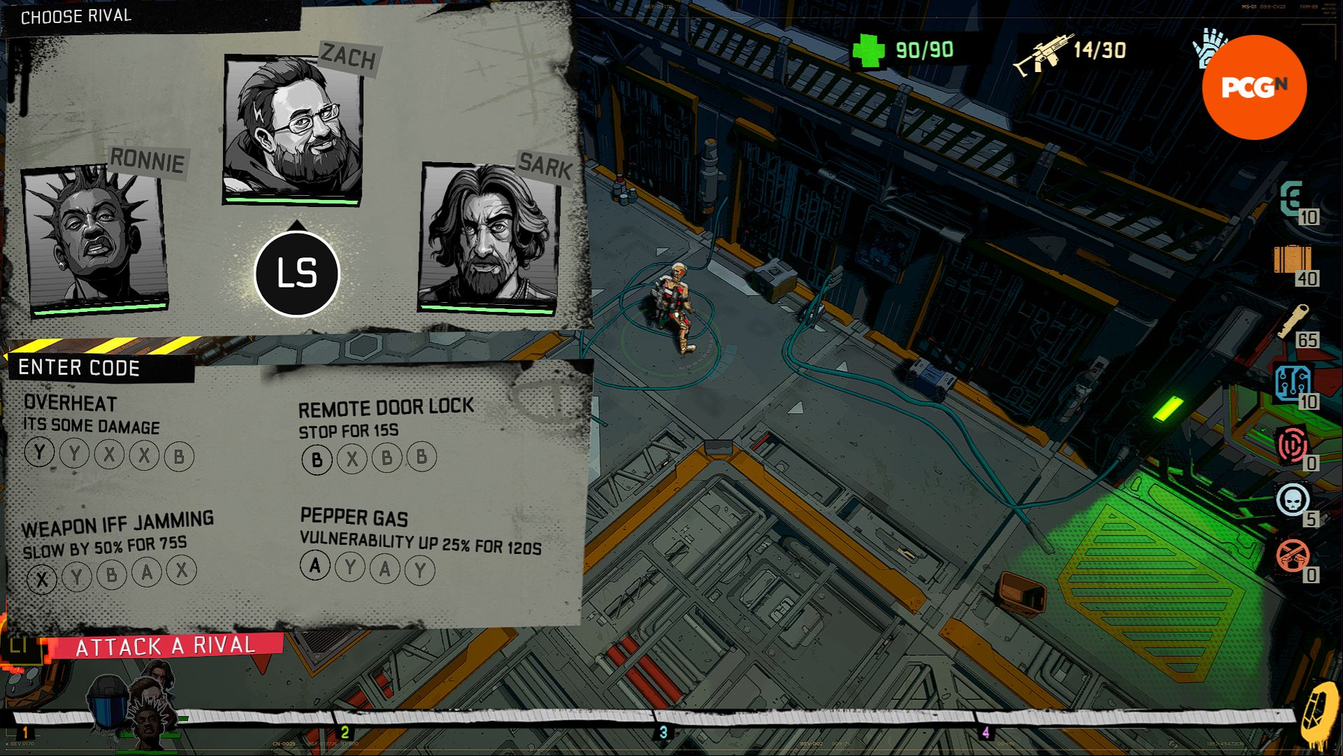 Redacted: the rivals screen, showing you three characters you need to contend with