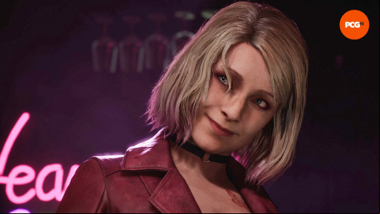 Maria, played by Salome Gunnarsdottir in the Silent Hill 2 remake cast, looks seductively through her hair, the neon lights of the bar Heaven's Night glowing behind her.