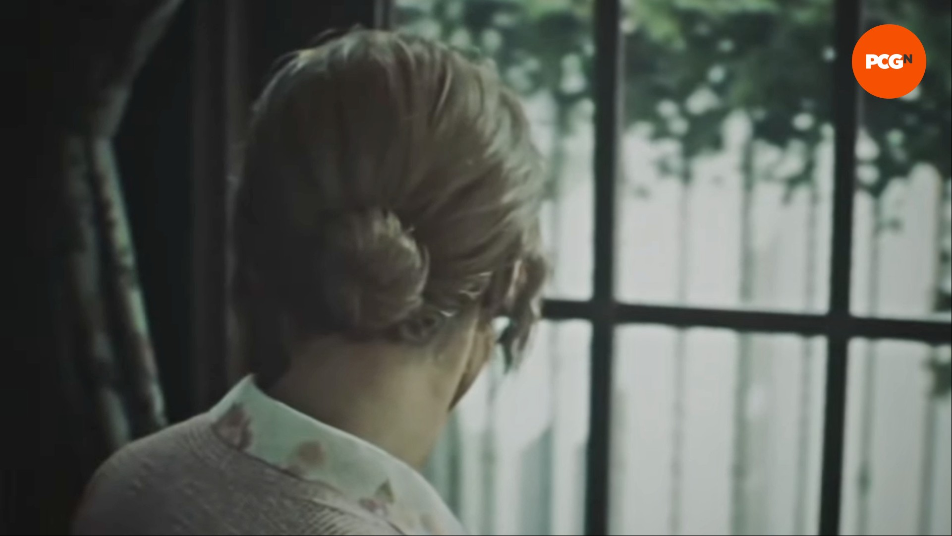 Mary gazes out of her hotel room window in the tape James recorded in the "Bliss" ending.
