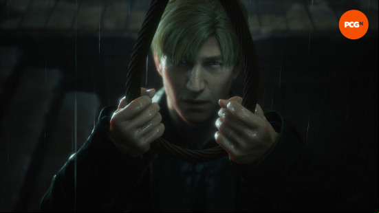 James looks up at a noose during the Silent Hill 2 gallows puzzle.