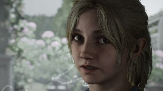 Silent Hill 2 review: Laura, a young, blonde girl, looks off to the side in conversation with James in the Silent Hill 2 remake.