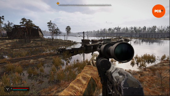 stalker-2-best-weapons Best Stalker 2 weapons: a first person view ofa person holding a gun looking across a river.