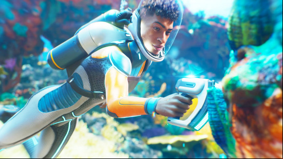 Subnautica 2 release date: a man in a wetsuit scanning the local flora