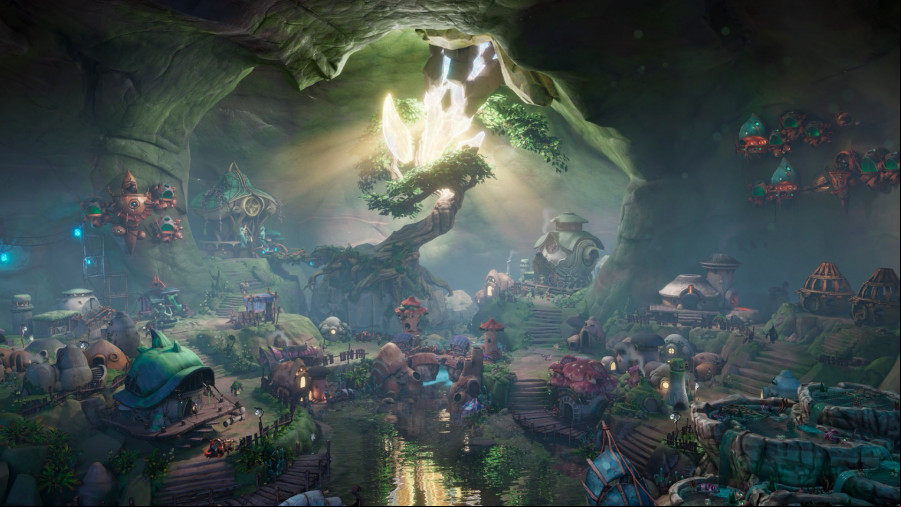 Sunderfolk: A gorgeous tree stands in an underground forested cavern, small homes beneath it