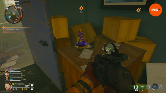 One of the Aetherella statues, standing on a table inside the door of Olly's Comics in the Liberty Falls Black Ops 6 Zombies map.