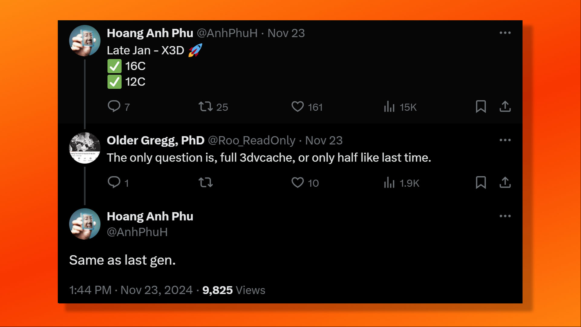 The AMD Ryzen 9 9950X3D and 9900X3D are reportedly coming in late January 2025, according to this leak on X from Joang Anh Phu.