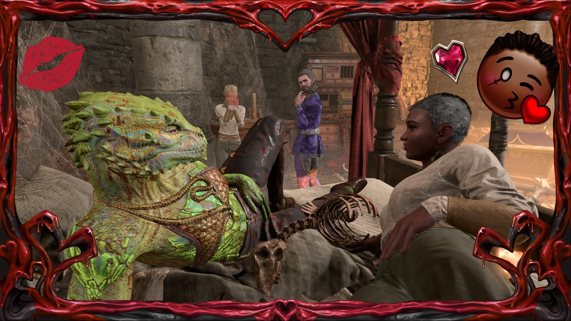 BG3 patch 8: A screenshot taken in photo mode of two Baldur's Gate 3 characters on a bed, with a red frame and stickers layered on top of it