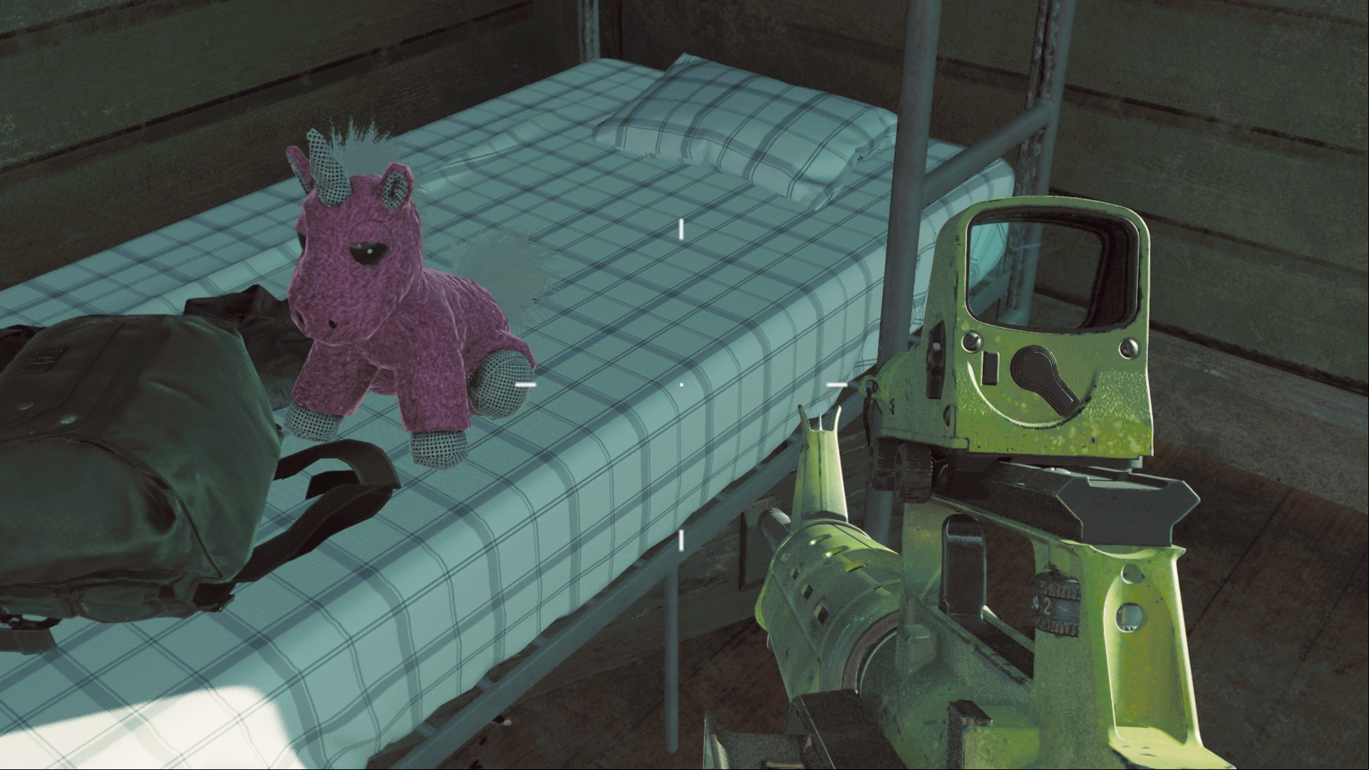 A pink unicorn stuffy sitting on a bed in Terminus Black Ops 6 Zombies.
