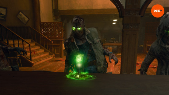 A zombie stands at a bar in front of a green drink in a Black Ops 6 Zombies Citadelle des Morts easter egg.