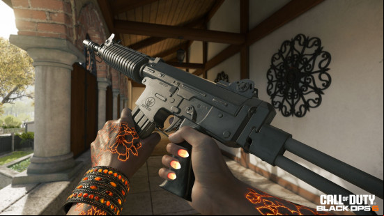 Krig C: first person view of a person reloading a large assault rifle.