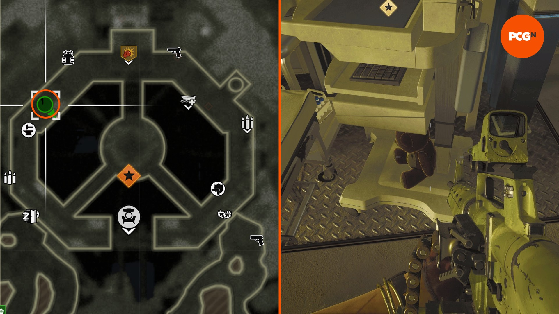 A teddy bear sits on an IV machine in one half of the image, a map is on the other, showing the location of one of the Black Ops 6 Zombies Terminus Mega-Stuffy toy locations.