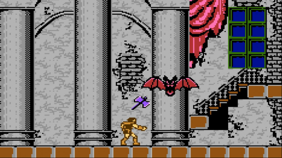 An axe is thrown at a bat in one of the original Castlevania games.