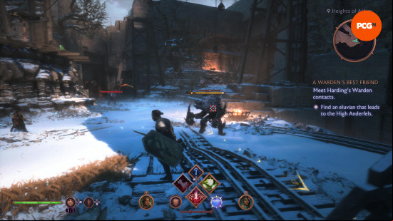 A man holding a shield, surrounded by monsters on a snowy railroad, from Dragon Age: The Veilguard.