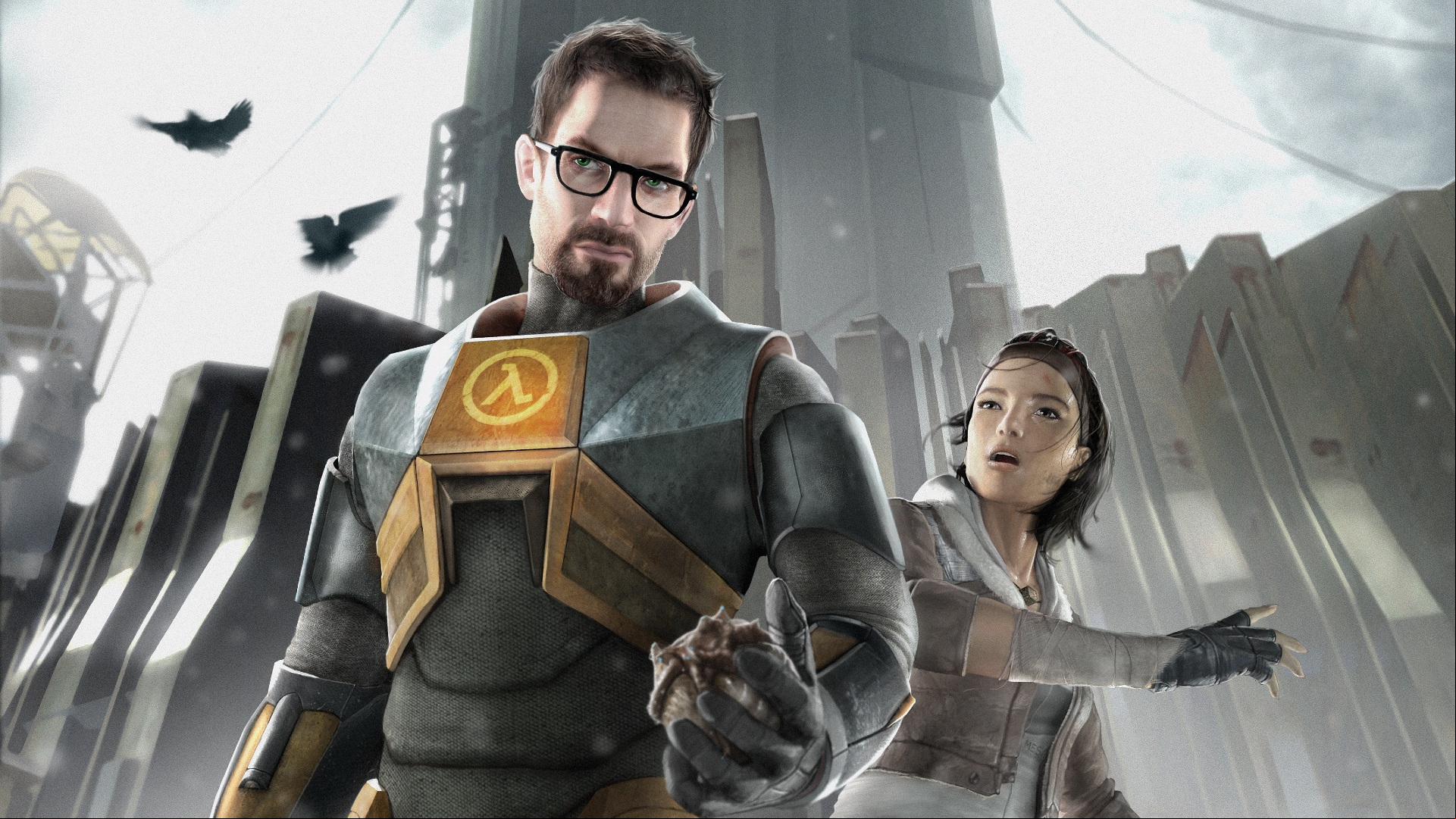 Half Life 2 update: Gordon Freeman and Alyx stand in front of a towering grey structure