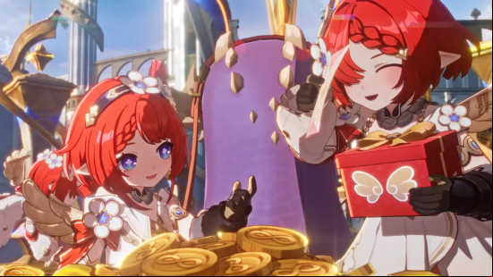 Two red-haired characters count golden coins in Amphoreus, the next world in Honkai Star Rail 3.0.